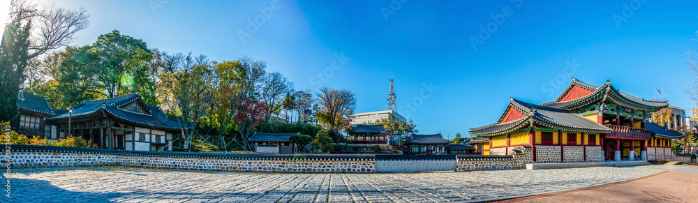 Gangneung-si, Gangwon-do, South Korea - Gangneung Imyeonggwan, Sammun, Dongheon, Chilsadang the buildings represent a panorama.