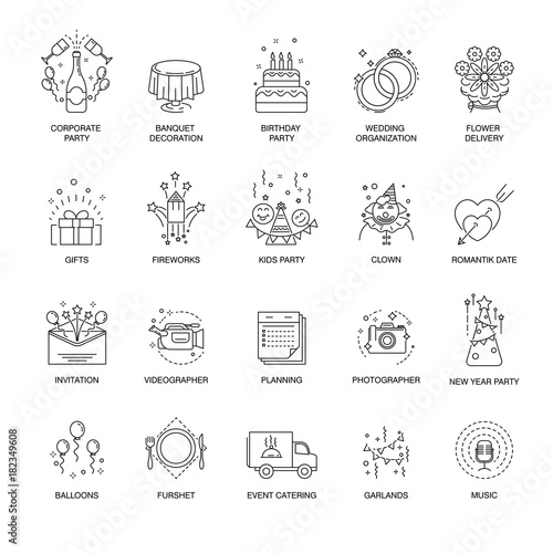 Event and party line icons set for wedding, birthday or corporate entertainment service