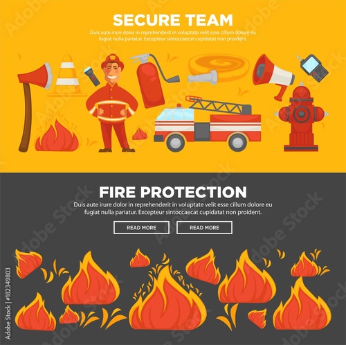 Fire protection and firefighter team of fire security instruction web banners flat design template