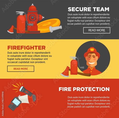 Fire protection and firefighter security team web banners flat design template