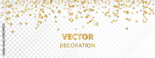 Holiday background. Isolated golden garland border, frame. Hanging baubles, streamers, falling confetti