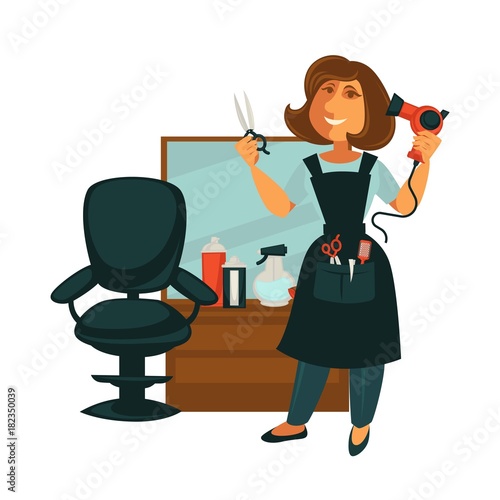 Hairdresser woman in hair beauty salon with hairdressing equipment vector flat icon