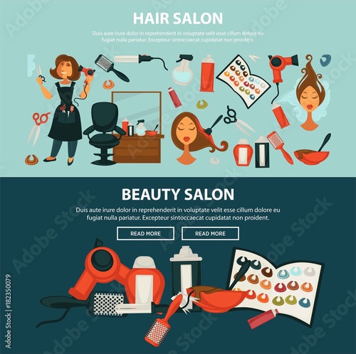 Hairdresser beauty salon vector flat web banners of woman hair coloring styling equipment