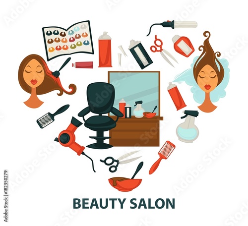 Hair beauty salon vector hairdresser parlor heart poster of hairdressing and dyeing equipment