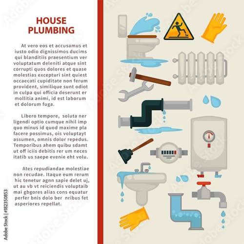 House plumbing vector information poster or infographics template for bathroom and kitchen sewerage repair