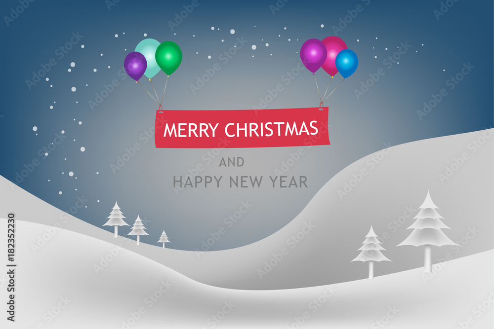 Merry Christmas and Happy new year festival concept. The snow mountain and snowflake in winter seasonal with balloon multi color and text decoration banner. Vector illustration design. EPS10 Merry Christmas and Happy new year festival concept. The snow mountain and snowflake in winter seasonal with balloon multi color and text decoration banner. Vector illustration design. EPS10