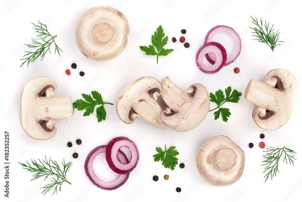 mushrooms with onion parsley leaf dill and peppercorns isolated on white background. top view mushrooms with onion parsley leaf dill and peppercorns isolated on white background. top view