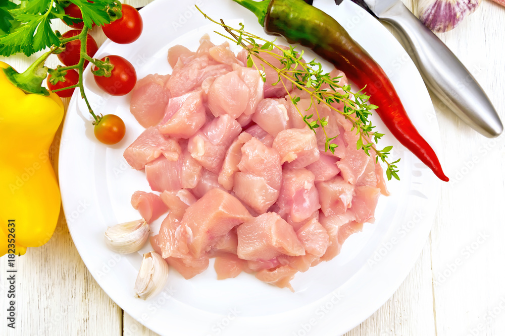 Chicken breast raw sliced in plate on board top Chicken breast raw sliced in plate on board top