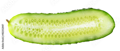 Green cucumber cut in half inside longitudinal section isolated on white background