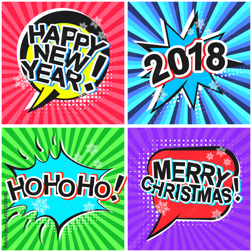 Bright colorful christmas retro speech bubbles set. Black outline color message balloons with halftone shadow and stripes in pop art style for winter holiday stickers, happy new year greeting, design