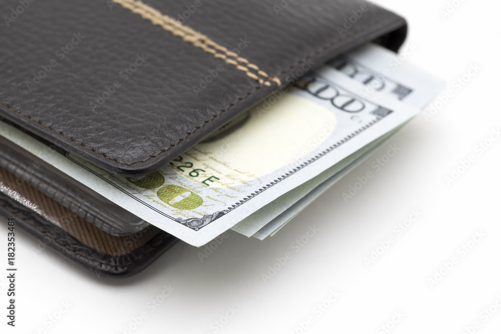 Black leather wallet with cash dollars on a white background. Black leather wallet with cash dollars on a white background.