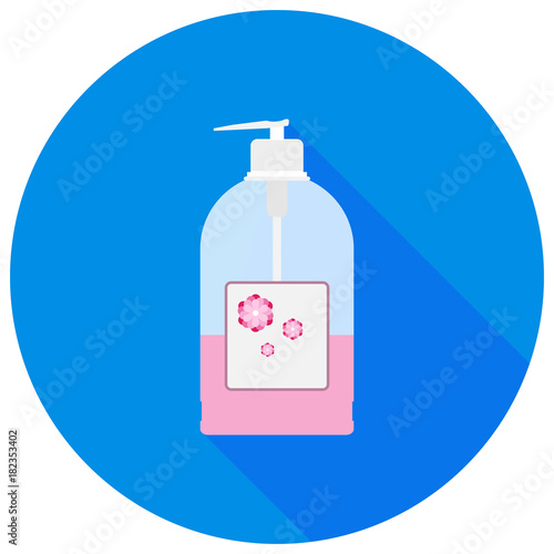 Bottle with liquid soap, liquid soap with shadow on blue background.