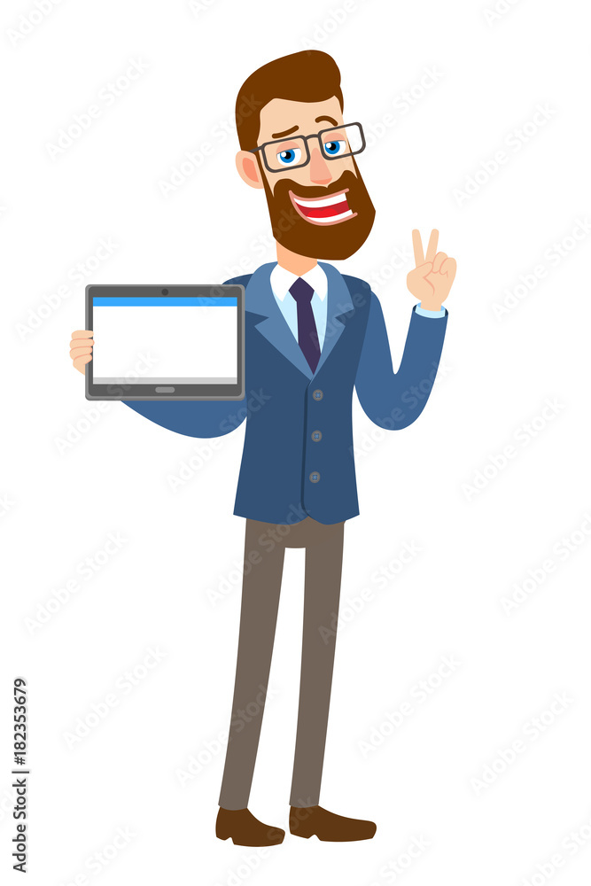 Victory! Hipster Businessman holding tablet PC and showing victory hand sign or quotes hand sign