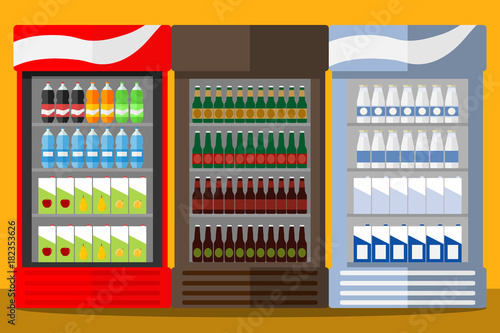 Showcase-refrigerator with drinks. Beer, carbonated water, juice, milk.
