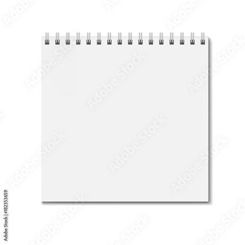 Realistic vertical square notebook on spiral binder mockup, sketchbook blank cover. Clear notepad front page or clean page with shadow template