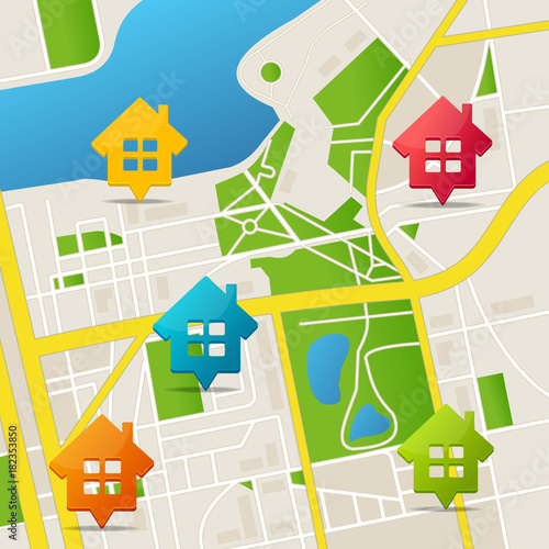 Realistic 3d Detailed City Map Real Estate Pins Background. Vector