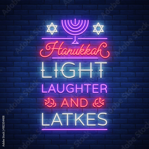 Happy Hanukkah, a greeting card in a neon style. Vector illustration. Neon luminous text on the subject of Chanukah. Bright banner, luminous festive sign. Jewish holiday