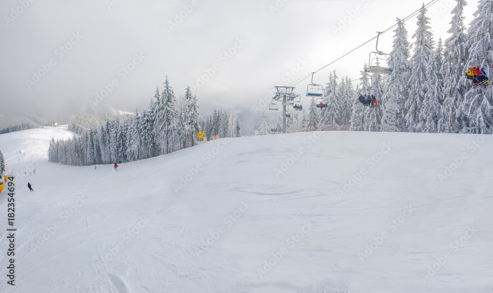 Ski slope and chairlift among spruce forest in ski resort Ski slope and chairlift among spruce forest in ski resort