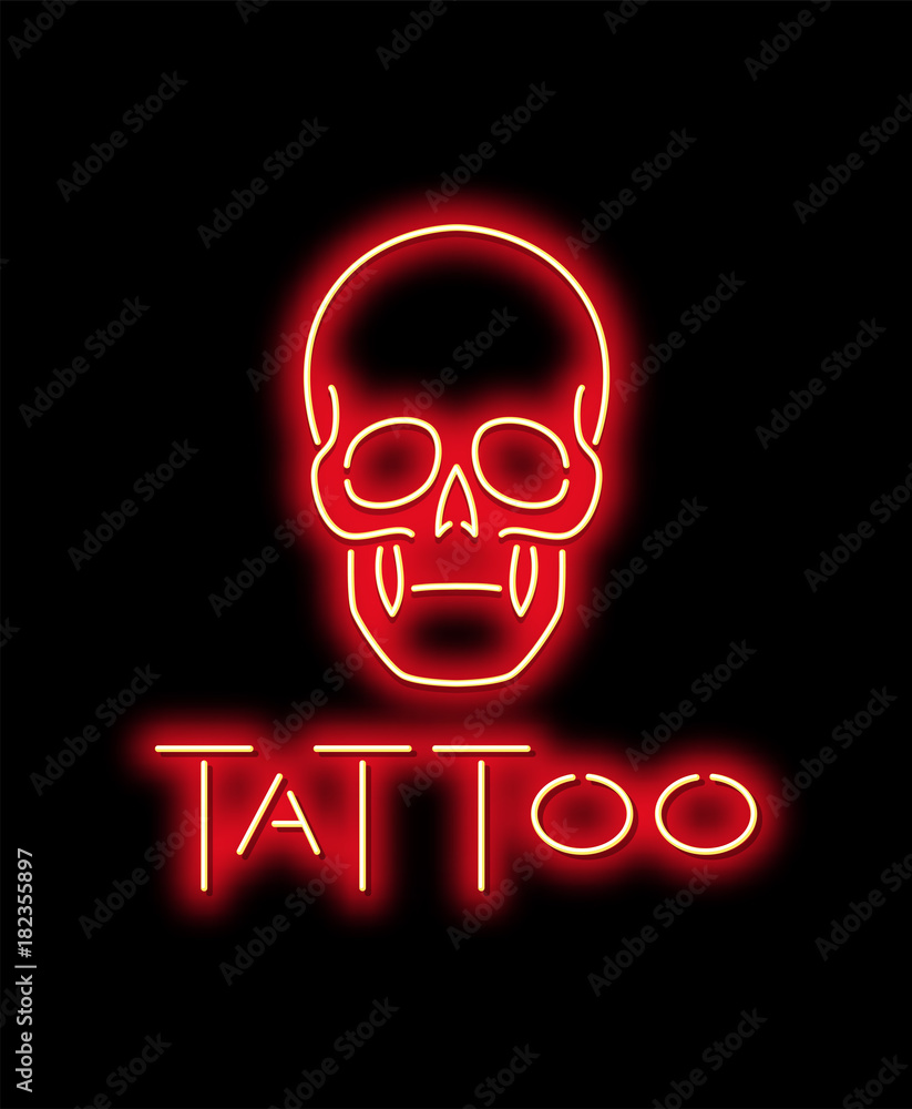 Neon sign. Red neon sign of the skull with the inscription tattoo. Vector illustration. Neon sign. Red neon sign of the skull with the inscription tattoo. Vector illustration.