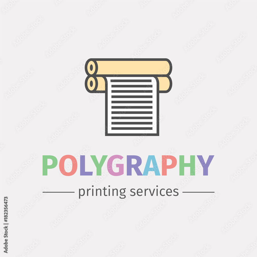 Plotter with roll of paper. Logo design for the printing industry. Vector line icon.