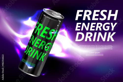 Fresh energy drink in can with purple background, Package and  Energy drink product poster