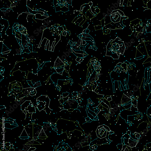 Horoscope seamless pattern, all Zodiac signs in constellation style with line and stars on black sky. Endless background of starry zodiac symbols