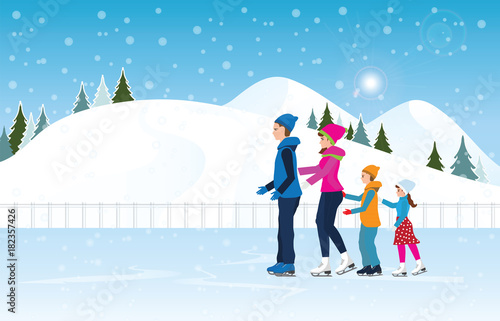 Happy family skating on ice rink on Cityscape landscape background scene .