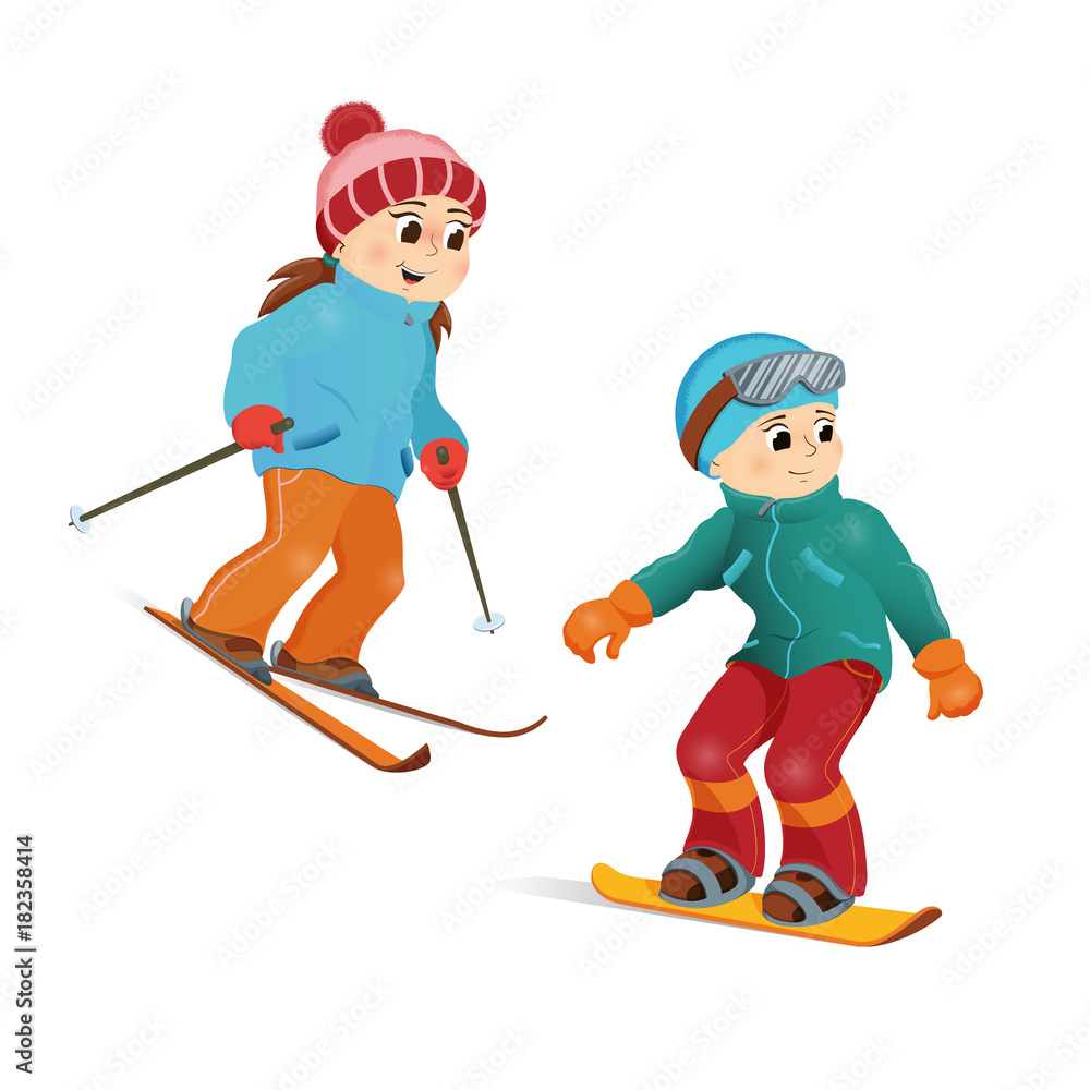 Happy girl skiing and boy snowboarding, winter sport activity, cartoon ...
