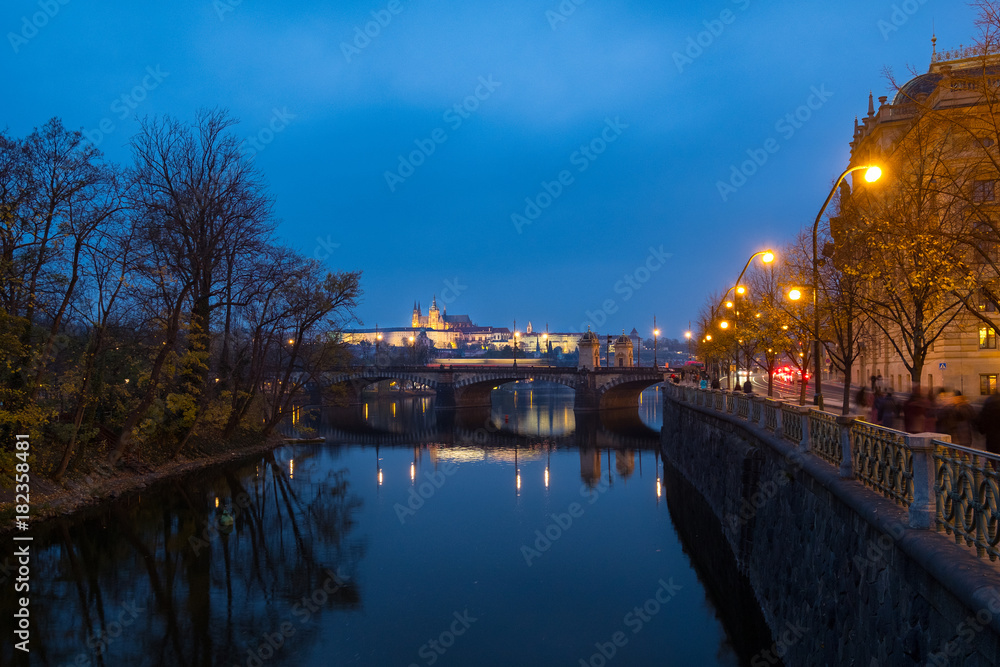 Scenic view of bridges on the Vltava river and historical center of Prague with Prague Castle, buildings and landmarks of old town with National Theater,Prague,Czech Rapublic.