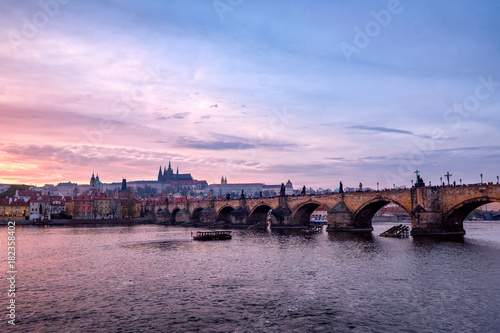 Scenic view of bridges on the Vltava river and historical center of Prague with Prague Castle, buildings and landmarks of old town,Prague,Czech Republic. © 1tomm
