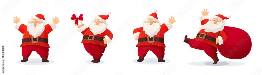 Fototapeta Zestaw kreskówek świąteczne ilustracje na białym tle. Śmieszny szczęśliwy Święty Mikołaj charakter z prezentem, torbą z teraźniejszość, falowaniem i powitaniem ,.