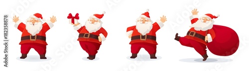 Set of cartoon Christmas illustrations isolated on white. Funny happy Santa Claus character with gift, bag with presents, waving and greeting.