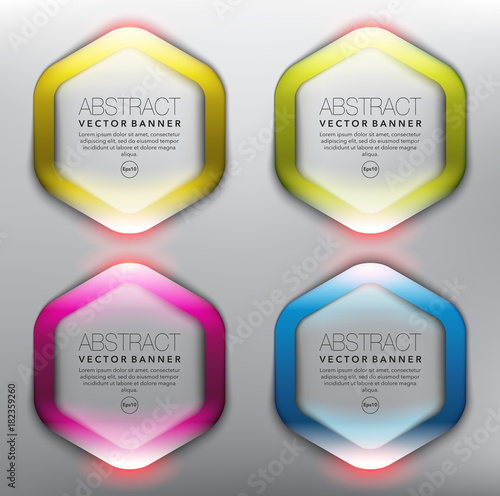 Vector glass web banners set of 4. Hexagonal glass banners. Isolated with realistic light and shadow on the light panel. Each item contains space for own text. Vector illustration. Eps10.