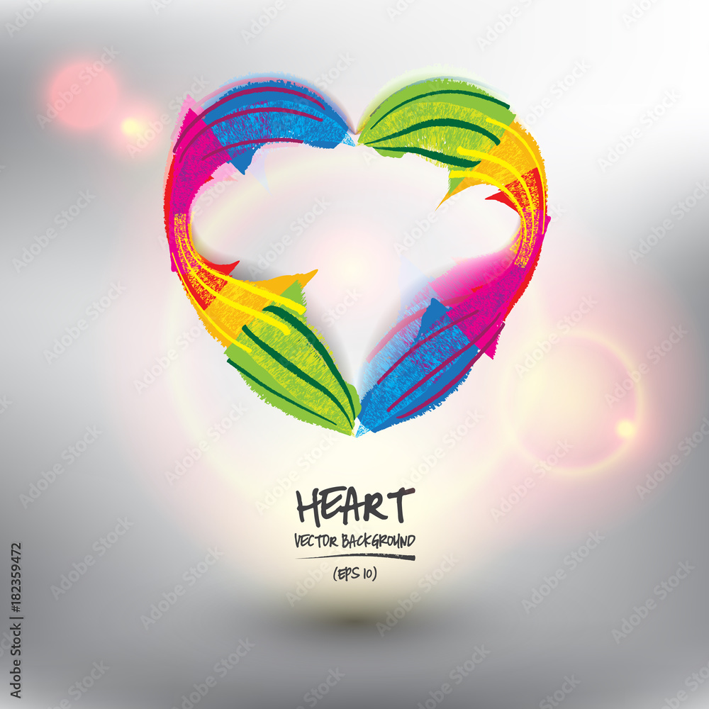 Naklejka premium Abstract vector background. Hand drawn heart in colorful rainbow lines. Valentine`s day`s design element. Isolated with realistic light and shadow on the light panel. Vector illustration. Eps10.