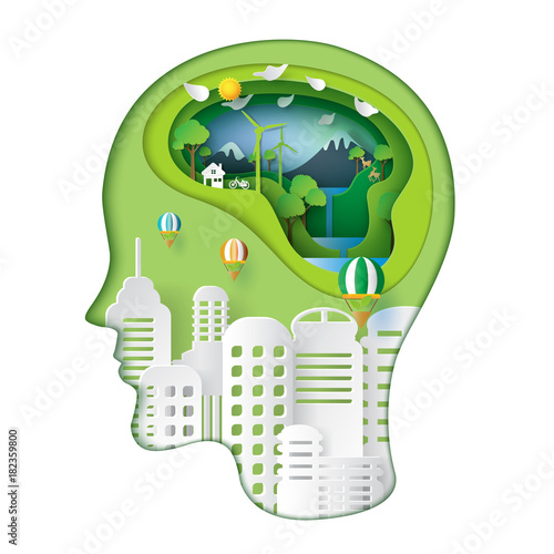 Green nature and eco friendly concept idea.Human head thinking environment conservation paper art style.Vector illustration.