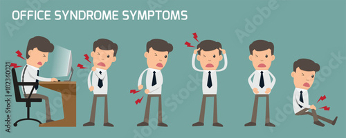 Business man have office syndrome symptoms and effect to organs infographics. Headache. Hand and Neck and Back pain. Stomach Ache, Inflammation medical concept. health care vector illustration.