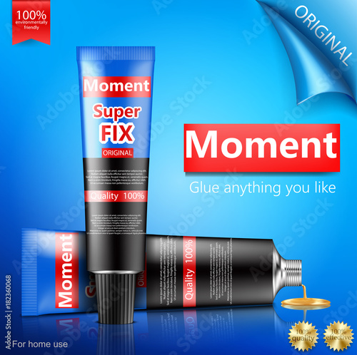 Colorful tubes of super moment glue with brand information realistic vector isolated on blue bent paper background. Original container of glue for instant gluing