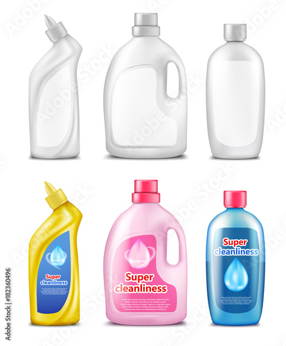 Plastic bottles for cleaning products, set of realistic vector illustration isolated on white background. Packing template for household chemicals