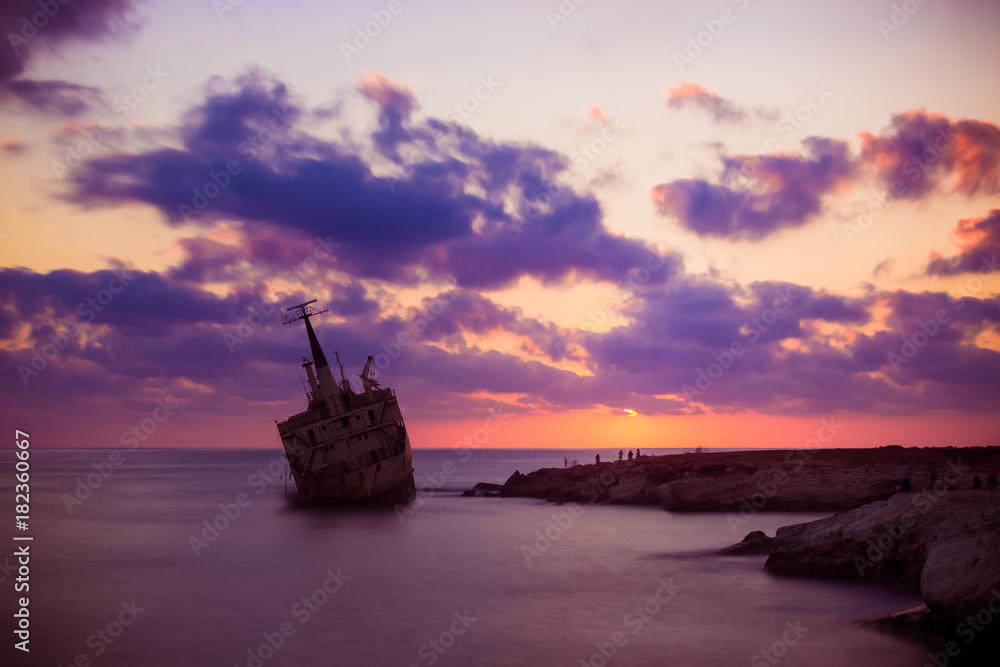 Fototapeta premium Sunset over Edro III shipwreck Cyprus 