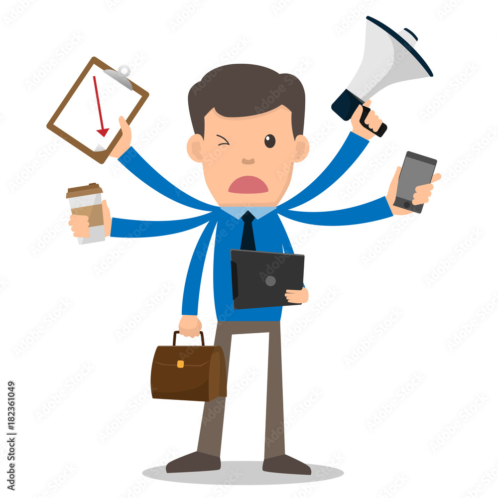Businessman unhappy with multitasking and multi skill. cartoon character  vector illustration. marketing, coffee, phone, megaphone, clipboard. Stock  Vector | Adobe Stock