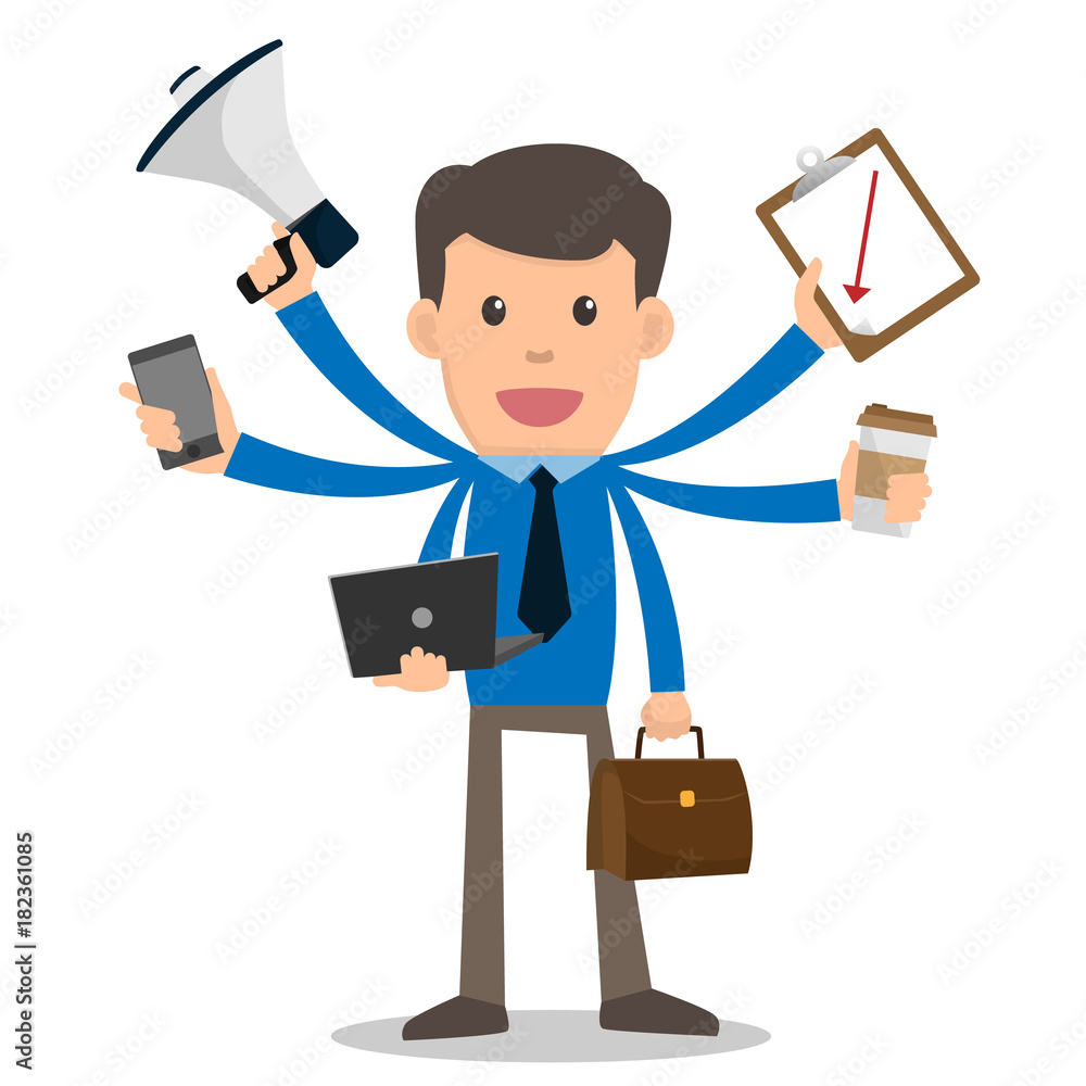 Businessman happy with multitasking and multi skill. cartoon character vector illustration. marketing, coffee, phone, megaphone, clipboard. Businessman happy with multitasking and multi skill. cartoon character vector illustration. marketing, coffee, phone, megaphone, clipboard.