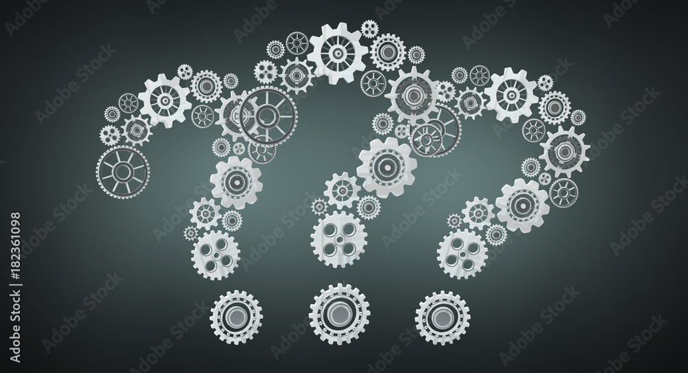 3D rendering gear icons question mark flying 3D rendering gear icons question mark flying