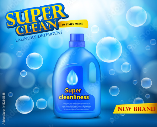 Detergent stain remover in blue plastic bottle on blue background with soap bubbles, vector realistic banner. Mockup package design, laundry detergent ad