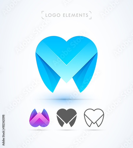 Vector abstract origami letter M and tooth logo design template. Material design, flat and line-art style