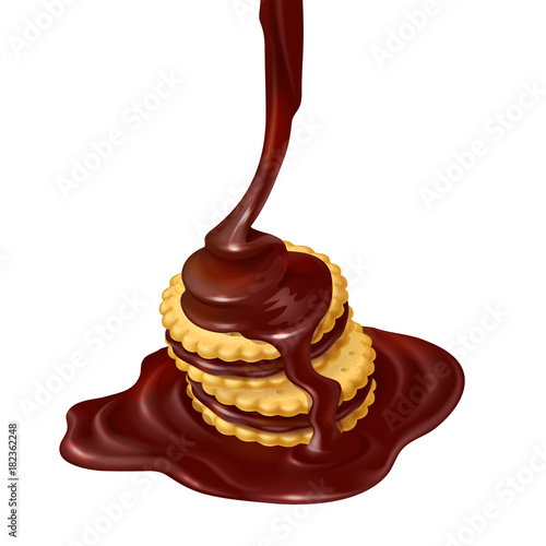 Several sandwich-cookies with chocolate filling and pouring melted chocolate, realistic vector illustration isolated on white background. Sweet crispy cookies with chocolate cream, design element