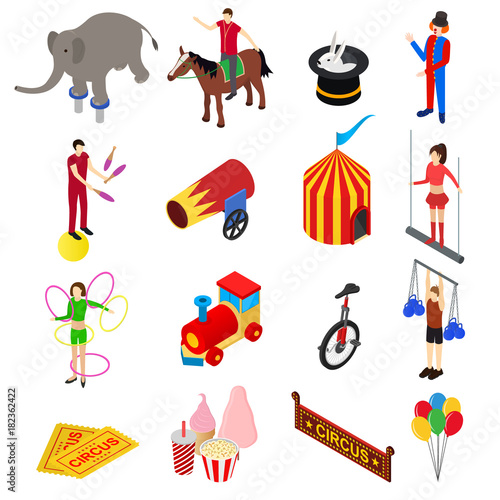 Circus Amusement and Attraction Icons Set Isometric View. Vector