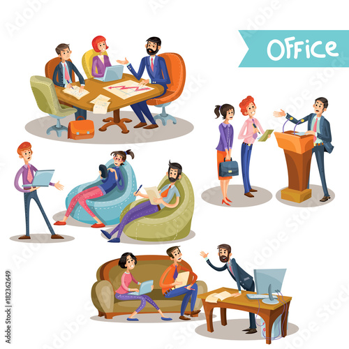 Set of vector illustrations of a businessman with his subordinates, partners holding talks for the podium, at the table and sitting on the couch, isolated on white background in cartoon style.