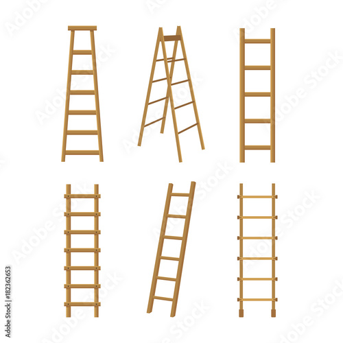 Realistic Detailed 3d Wooden Stairs Ladders Different Types Set. Vector
