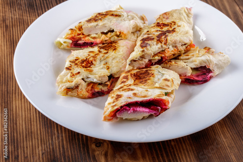 Lavash roll with chicken and vegetables