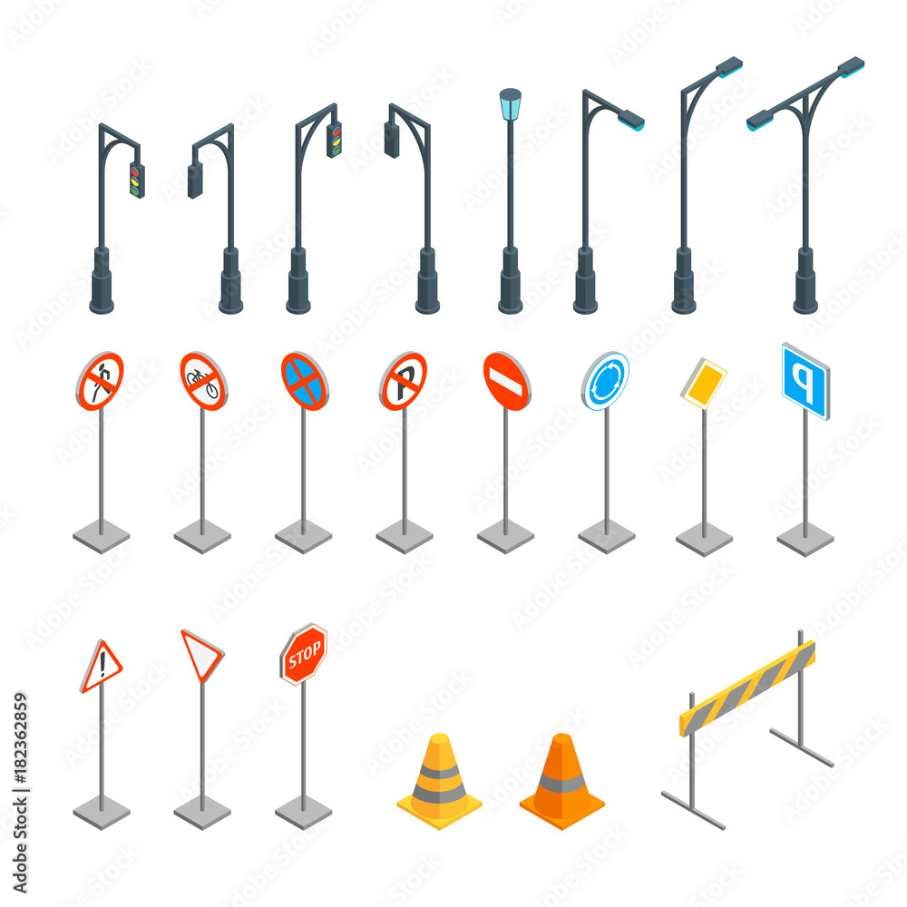 Traffic Road Signs Set Isometric View. Vector Traffic Road Signs Set Isometric View. Vector